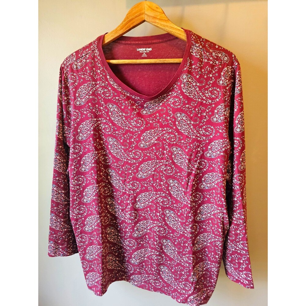 Lands' End Womens 1X Plus T-Shirt Burgundy/White Paisley Relaxed Fit L/S V-Neck